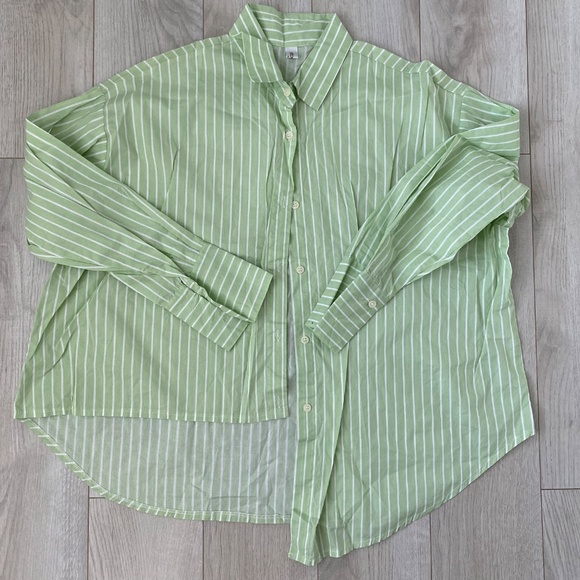 STORETS Green Striped Asymmetrical Button Down Shirt - Picture 6 of 9